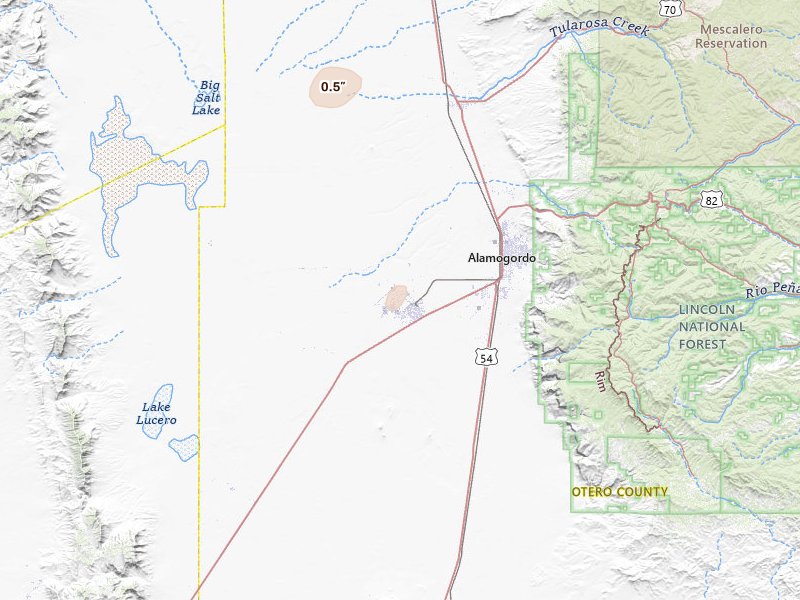 Radar-estimated hail-size map of the storm over Alamogordo, NM on Jul 15, 2026