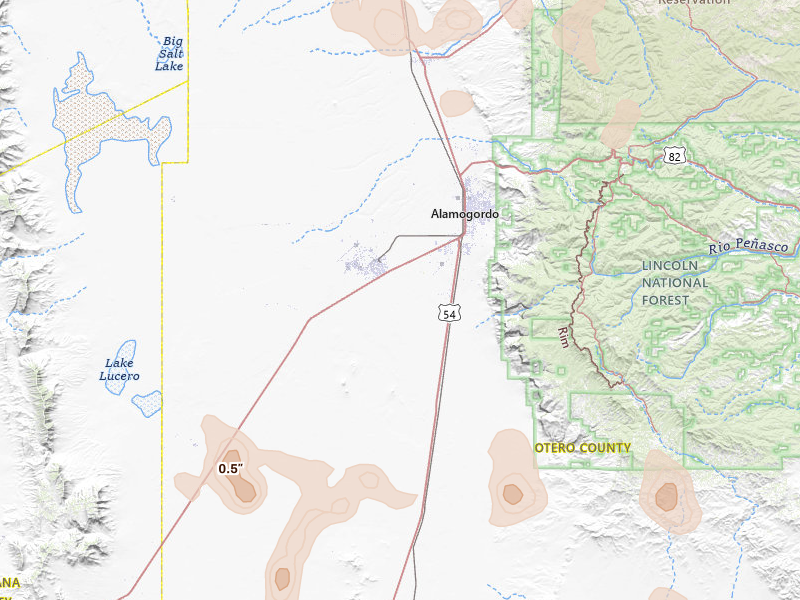 Radar-estimated hail-size map of the storm over Alamogordo, NM on Aug 7, 2026