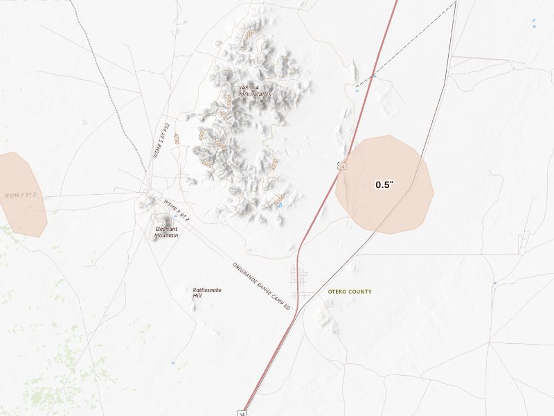 Radar-estimated hail-size map of the storm over Alamogordo, NM on Sep 16, 2026