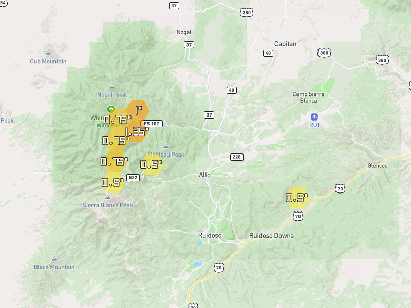 Hail map of Alto, NM on Jun 2, 2026, hail up to 1.25"