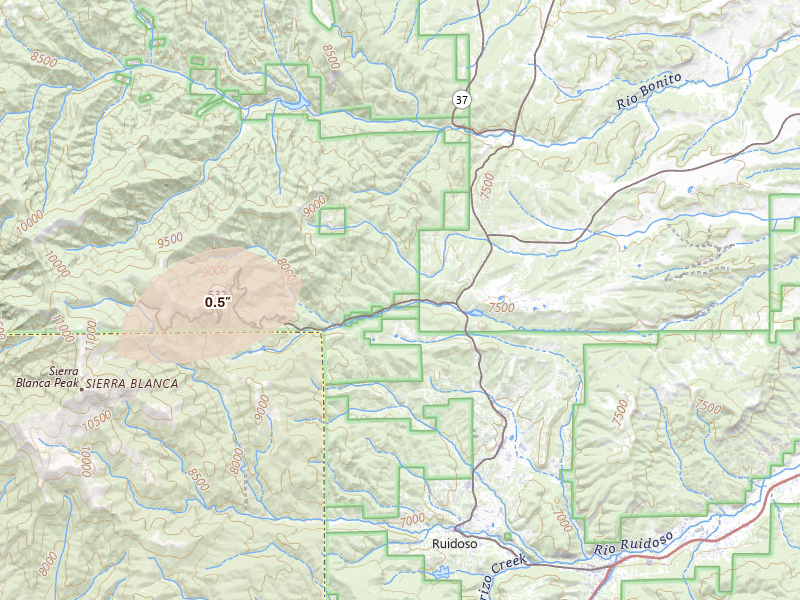 Radar-estimated hail-size map of the storm over Alto, NM on Jun 5, 2026