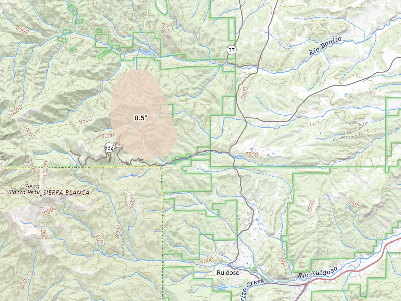 Radar-estimated hail-size map of the storm over Alto, NM on Jun 12, 2026