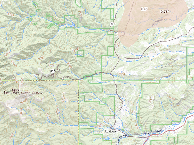 Radar-estimated hail-size map of the storm over Alto, NM on Jul 20, 2026