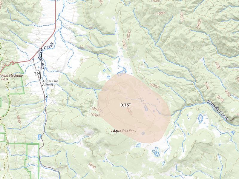 Radar-estimated hail-size map of the storm over Angel Fire, NM on Aug 19, 2026