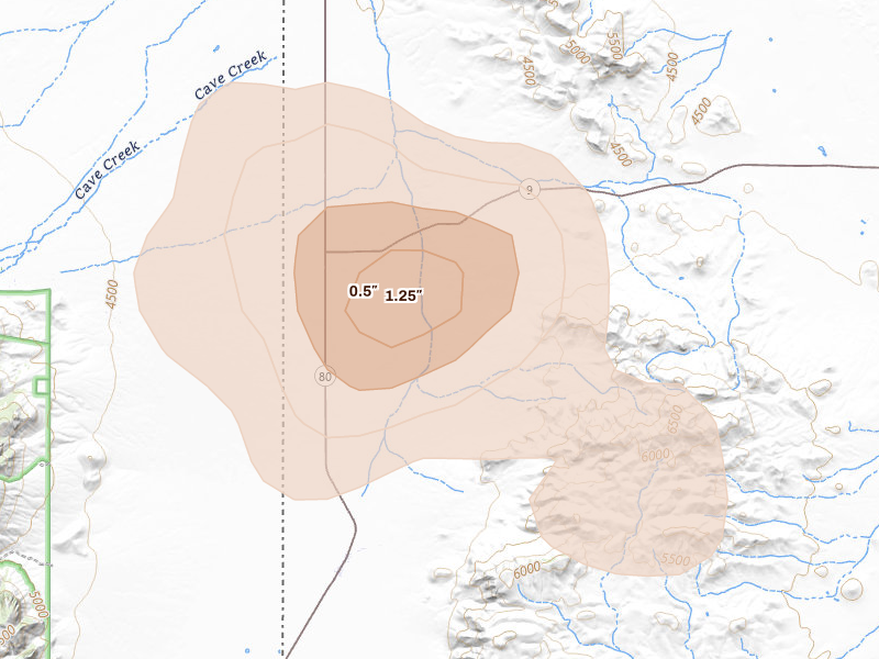 Radar-estimated hail-size map of the storm over Animas, NM on Aug 4, 2026