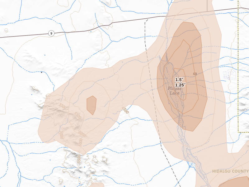 Radar-estimated hail-size map of the storm over Animas, NM on Aug 5, 2026