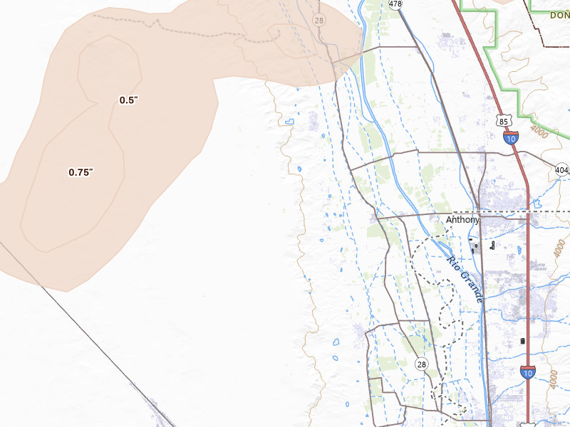 Radar-estimated hail-size map of the storm over Anthony, NM on Jun 14, 2026