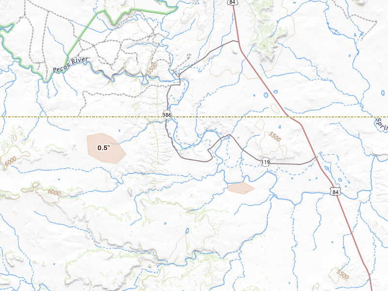 Radar-estimated hail-size map of the storm over Anton Chico, NM on Aug 25, 2026