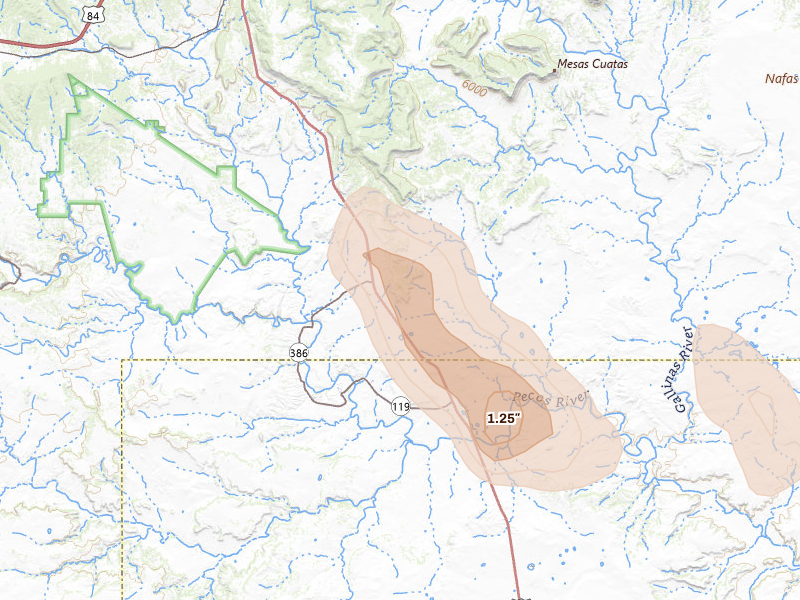 Radar-estimated hail-size map of the storm over Anton Chico, NM on Aug 26, 2026