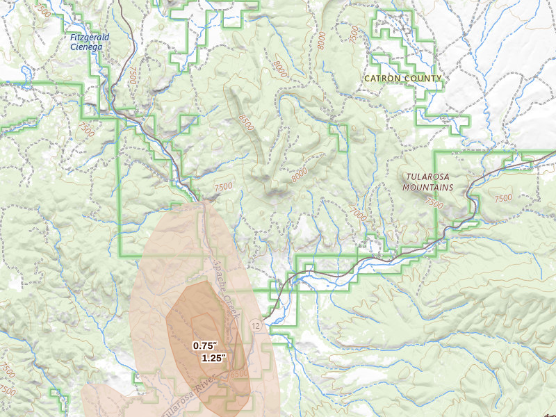 Radar-estimated hail-size map of the storm over Aragon, NM on Jul 28, 2026
