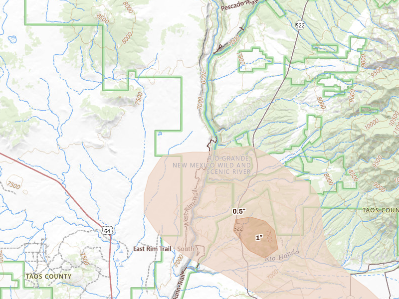 Radar-estimated hail-size map of the storm over Arroyo Hondo, NM on Jun 15, 2026