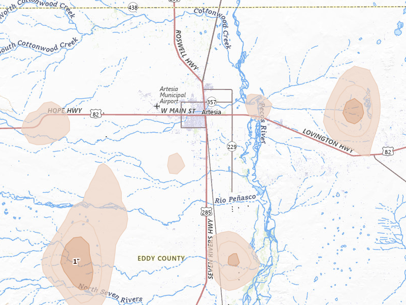 Radar-estimated hail-size map of the storm over Artesia, NM on Jun 1, 2026