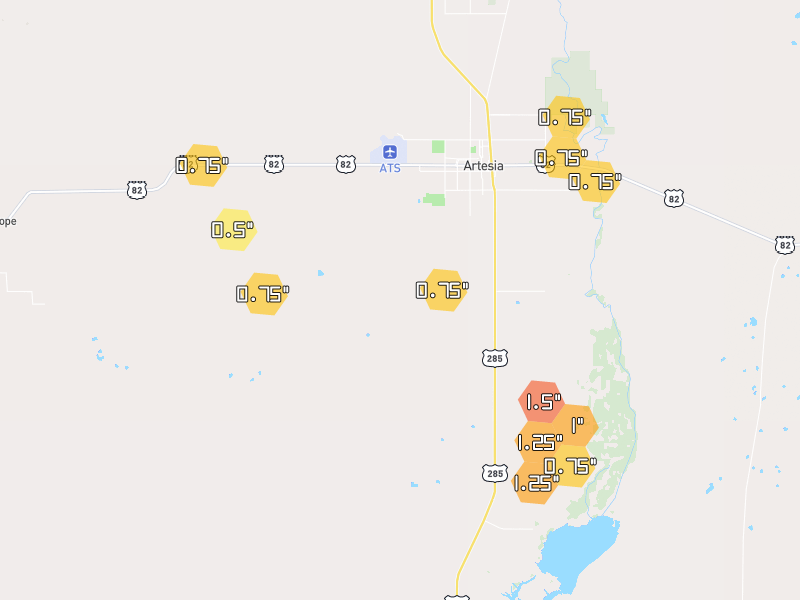 Hail map of Artesia, NM on Jun 2, 2026, hail up to 1.5"