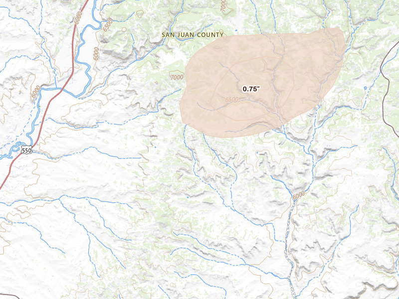 Radar-estimated hail-size map of the storm over Aztec, NM on Jun 26, 2026