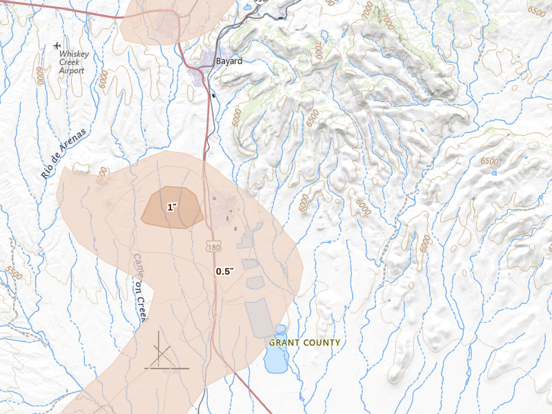 Radar-estimated hail-size map of the storm over Bayard, NM on Aug 3, 2026