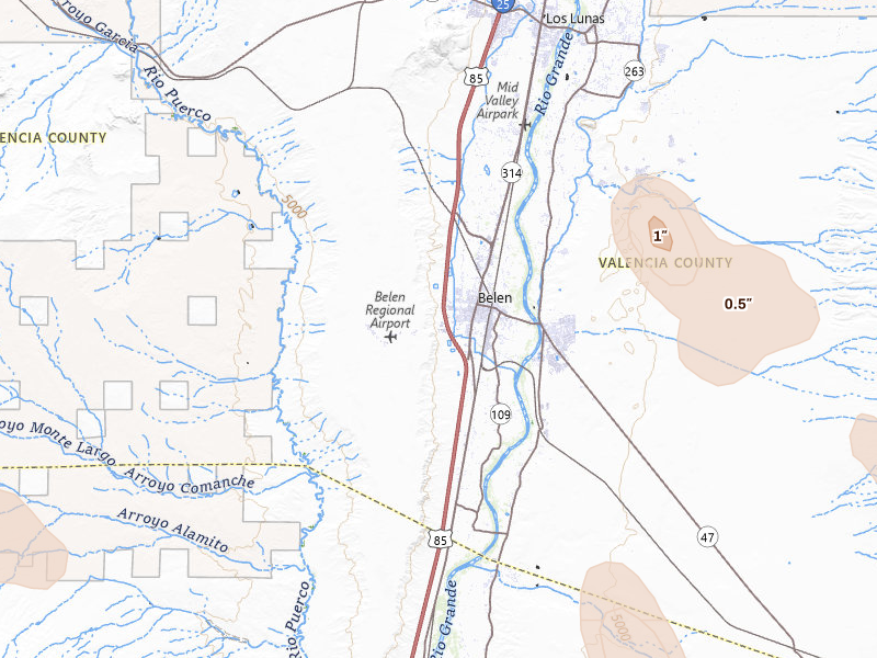 Radar-estimated hail-size map of the storm over Belen, NM on Jul 28, 2026
