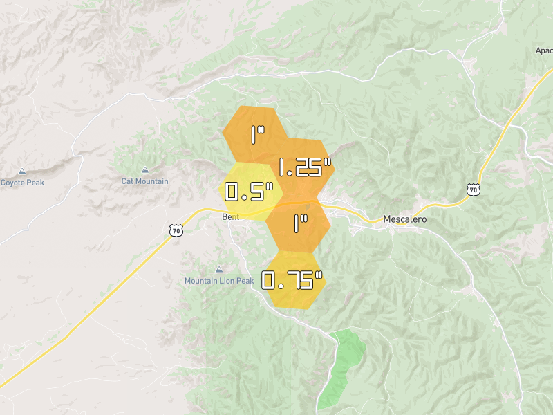 Hail map of Bent, NM on Jul 26, 2026, hail up to 1.25"