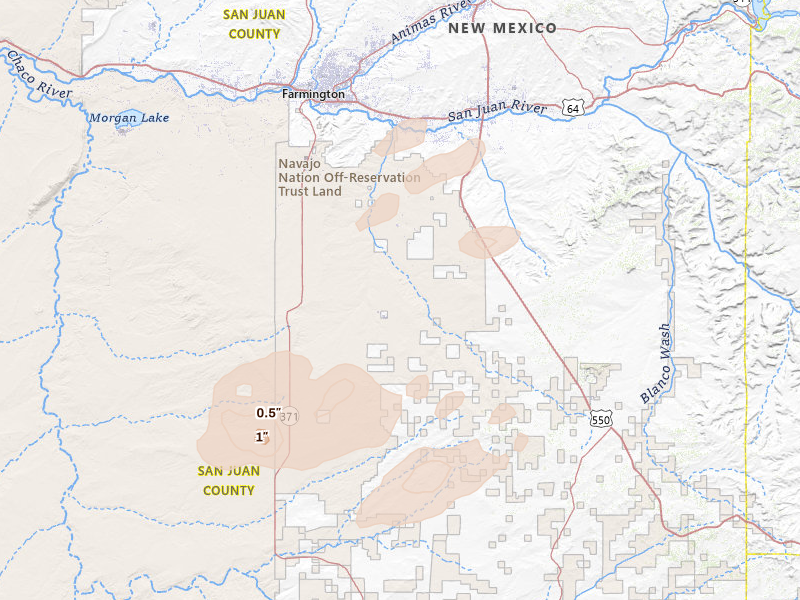 Radar-estimated hail-size map of the storm over Bloomfield, NM on Jun 26, 2026