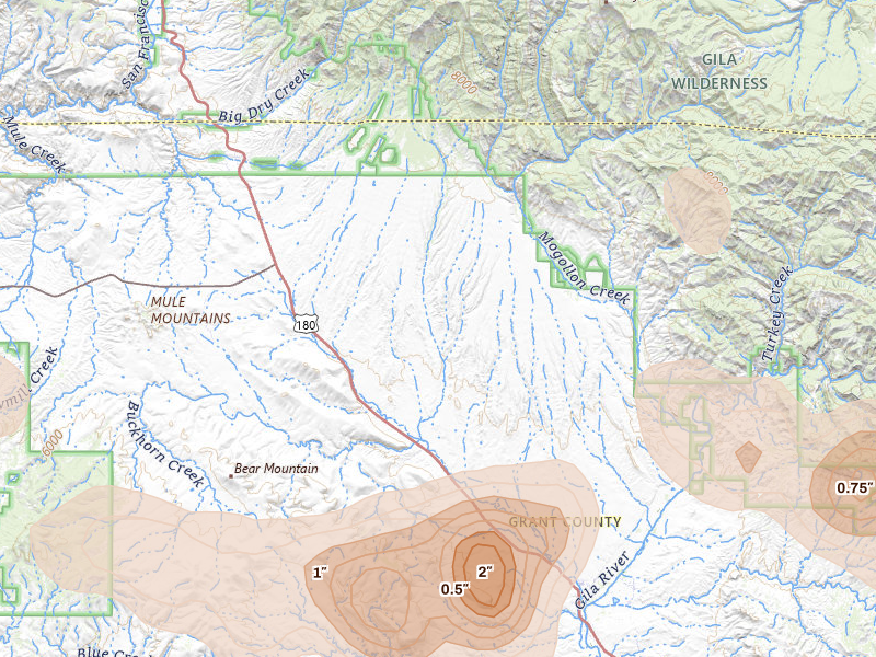 Radar-estimated hail-size map of the storm over Buckhorn, NM on Jul 28, 2026