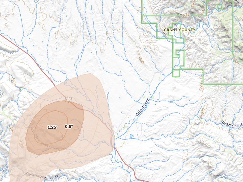 Radar-estimated hail-size map of the storm over Buckhorn, NM on Aug 1, 2026
