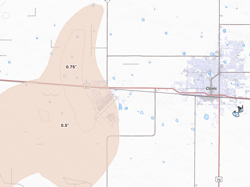 Radar-estimated hail-size map of the storm over Cannon Afb, NM on Apr 10, 2026