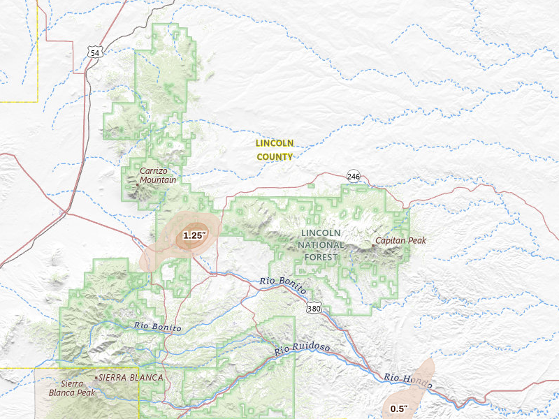 Radar-estimated hail-size map of the storm over Capitan, NM on May 28, 2026