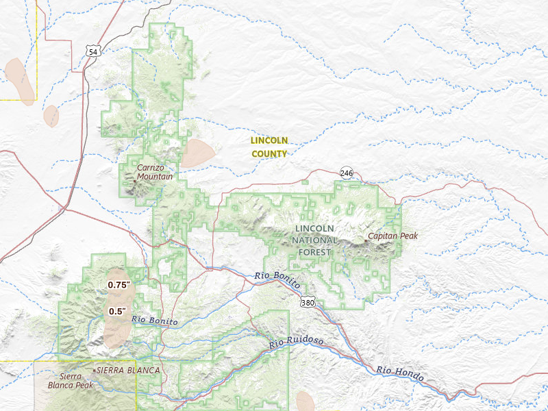 Radar-estimated hail-size map of the storm over Capitan, NM on Jun 2, 2026