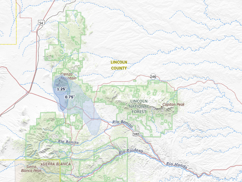NEXRAD radar-signature map of the hail storm over Capitan, NM on Jul 5, 2026