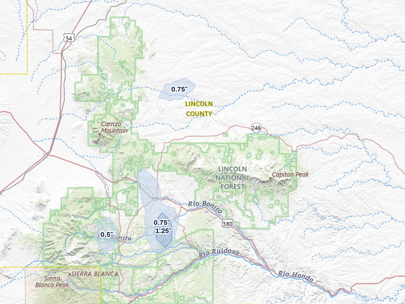 NEXRAD radar-signature map of the hail storm over Capitan, NM on Jul 26, 2026