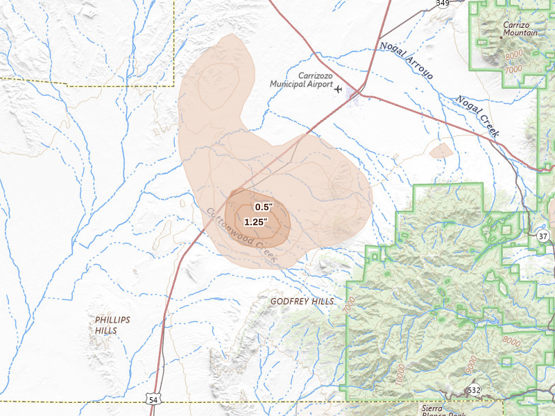Radar-estimated hail-size map of the storm over Carrizozo, NM on Aug 1, 2026