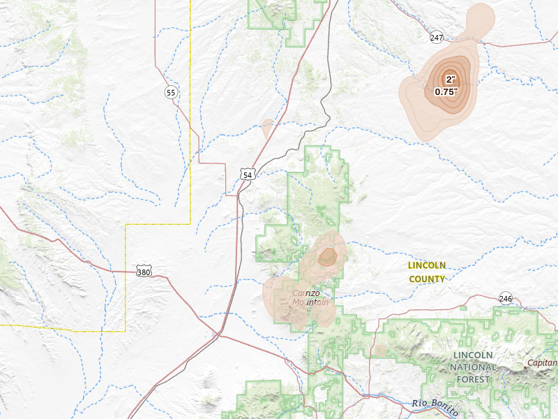 Radar-estimated hail-size map of the storm over Carrizozo, NM on Aug 7, 2026