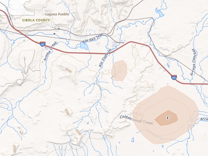 Radar-estimated hail-size map of the storm over Casa Blanca, NM on Jul 28, 2026