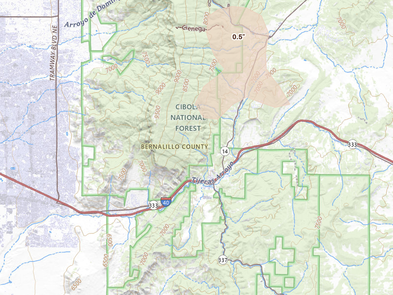 Radar-estimated hail-size map of the storm over Cedar Crest, NM on Jul 28, 2026
