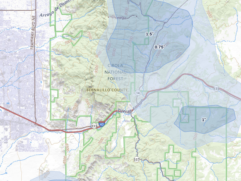 NEXRAD radar-signature map of the hail storm over Cedar Crest, NM on Jul 28, 2026