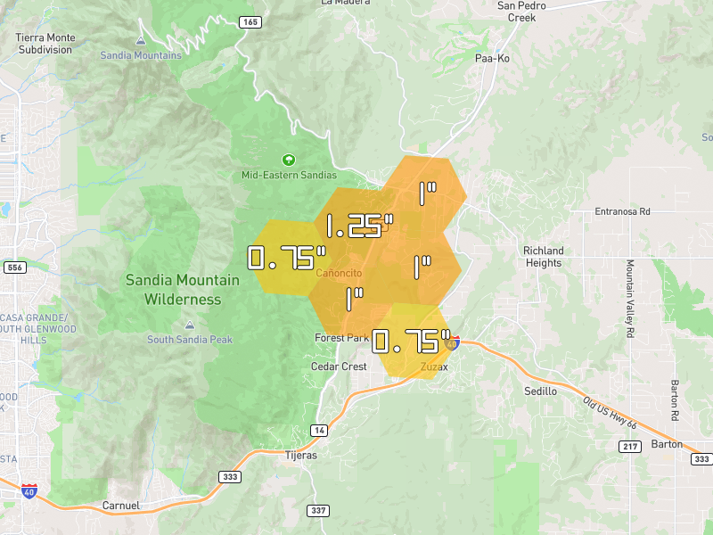 Hail map of Cedar Crest, NM on Jul 28, 2026, hail up to 1.25"