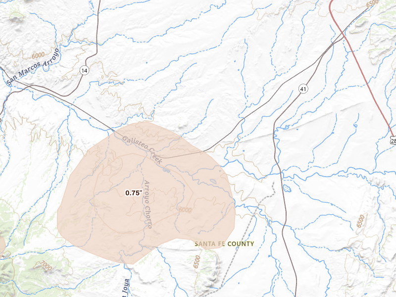 Radar-estimated hail-size map of the storm over Cerrillos, NM on Jul 28, 2026