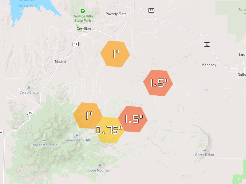 Hail map of Cerrillos, NM on Jul 28, 2026, hail up to 1.5"