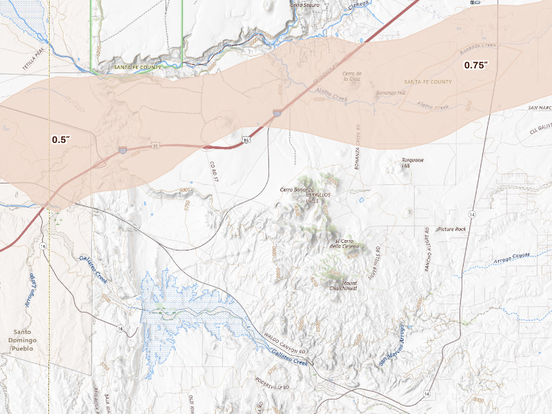 Radar-estimated hail-size map of the storm over Cerrillos, NM
