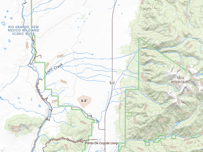 Radar-estimated hail-size map of the storm over Cerro, NM on Jul 27, 2026