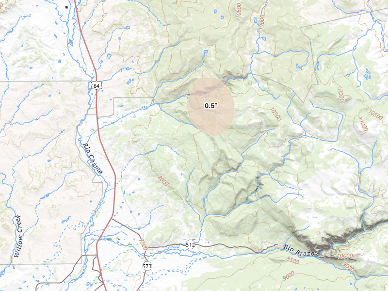 Radar-estimated hail-size map of the storm over Chama, NM on Aug 11, 2026