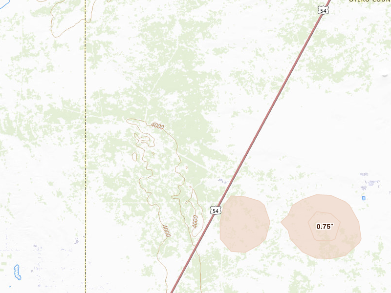 Radar-estimated hail-size map of the storm over Chaparral, NM on Jul 31, 2026