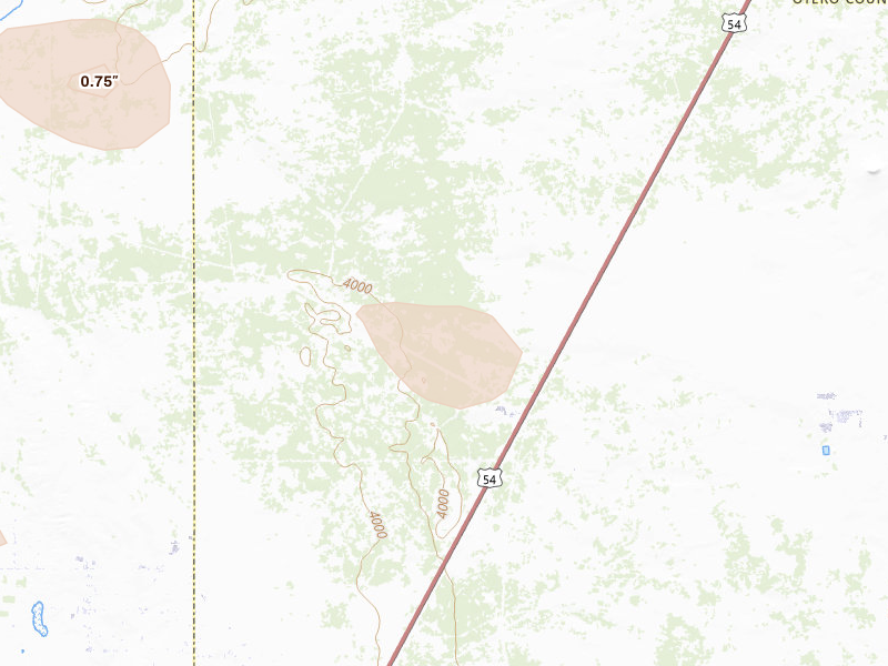 Radar-estimated hail-size map of the storm over Chaparral, NM on Aug 16, 2026