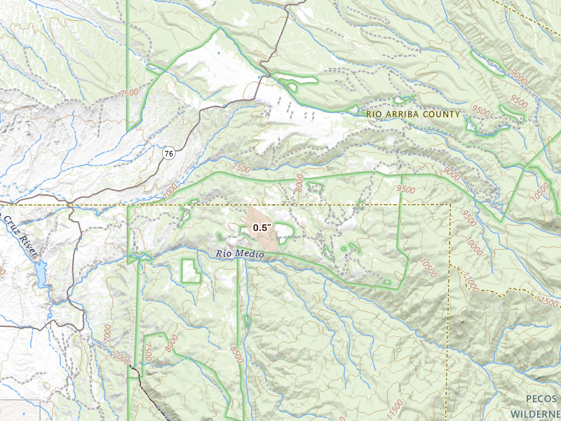 Radar-estimated hail-size map of the storm over Chimayo, NM on Aug 20, 2026