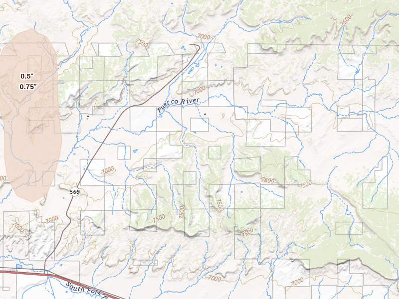Radar-estimated hail-size map of the storm over Church Rock, NM on May 25, 2026