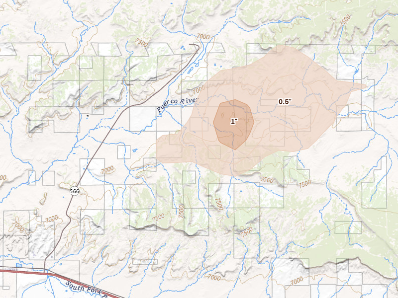 Radar-estimated hail-size map of the storm over Church Rock, NM on Jun 26, 2026