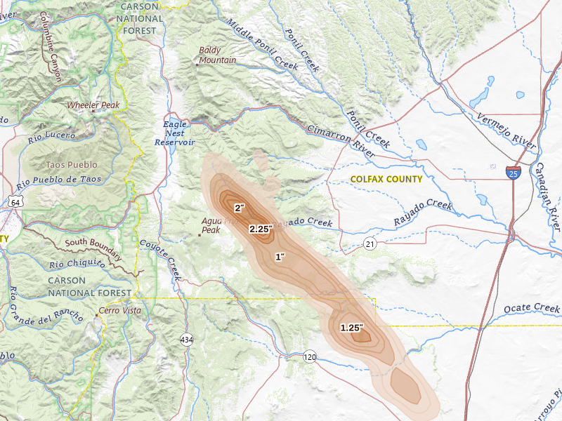 Radar-estimated hail-size map of the storm over Cimarron, NM on Aug 4, 2026