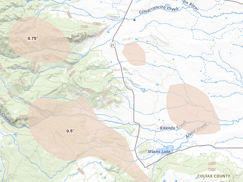 Radar-estimated hail-size map of the storm over Cimarron, NM on Aug 26, 2026