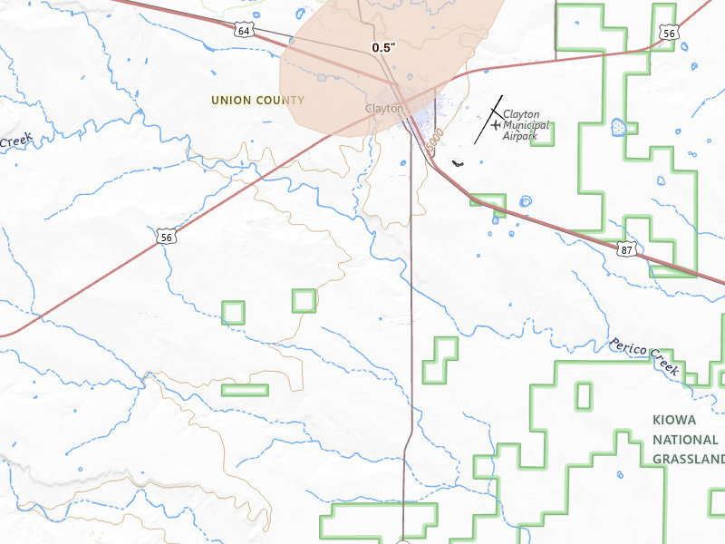 Radar-estimated hail-size map of the storm over Clayton, NM on Jun 9, 2026
