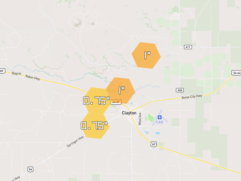 Hail map of Clayton, NM on Jun 9, 2026, hail up to 1"