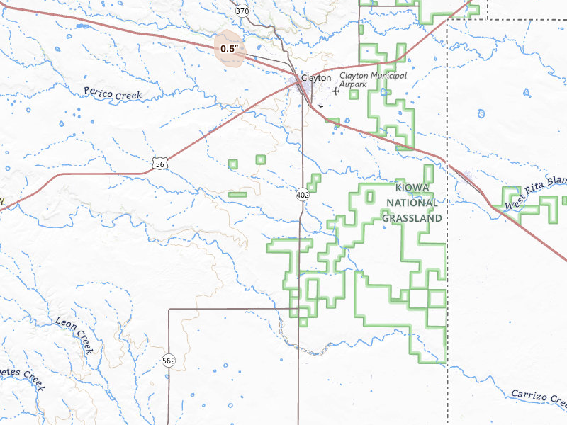 Radar-estimated hail-size map of the storm over Clayton, NM on Jul 9, 2026